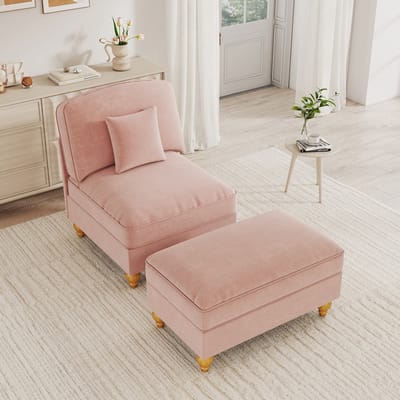 HAUSS SPOLE Fauteuil - Loungefauteuil Met Hocker - Afneembare Rucherok En Los Kussen - Voor Woonkamer En Kleine Ruimtes - Chenille Roze
