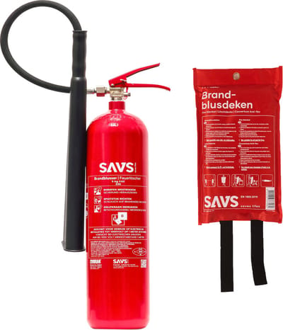 SAVS Brandblus box - CO2 middel - Brandblusser CO2 5 kg & Blusdeken 120 x 180 cm - Blusrating 89B - Met montagebeugel & ophangoog - CO2 blusser en Branddeken voor o.a. thuis en bedrijf