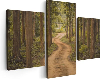Artaza Canvas Schilderij Drieluik Pad In Het Bos Met Bomen - 90x60 cm - Wanddecoratie Woonkamer - Schilderijen - Muurdecoratie