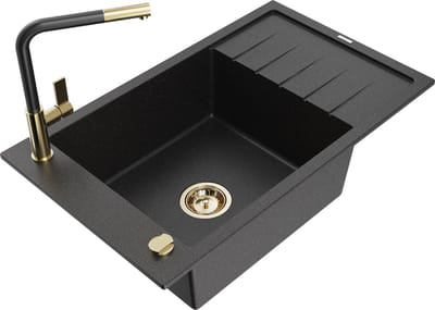 Mexen Elias granieten spoelbak met 1 bak, afdruiprek en Flora keukenmengkraan, zwart/zilver metallic - 6511-73-670401-57-G