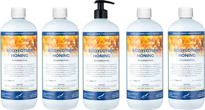 Bodylotion Honing 1 Liter - met gratis pomp - set van 5 stuks - Voordeelverpakking