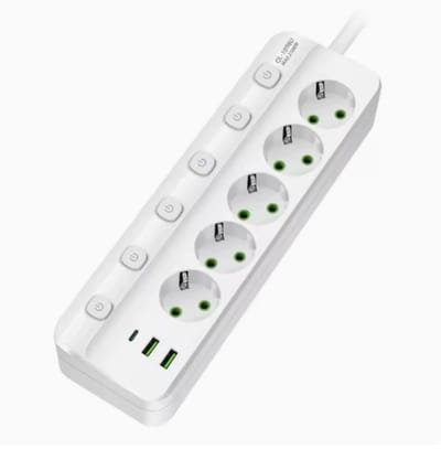 Stekkerdoos met USB-C en USB-A - Europese Stekkerdoos 5 Stopcontacten met Type-C Snellaadpoort - Ruimtebesparende Stekkerblok voor Kantoor en Thuis - Wit