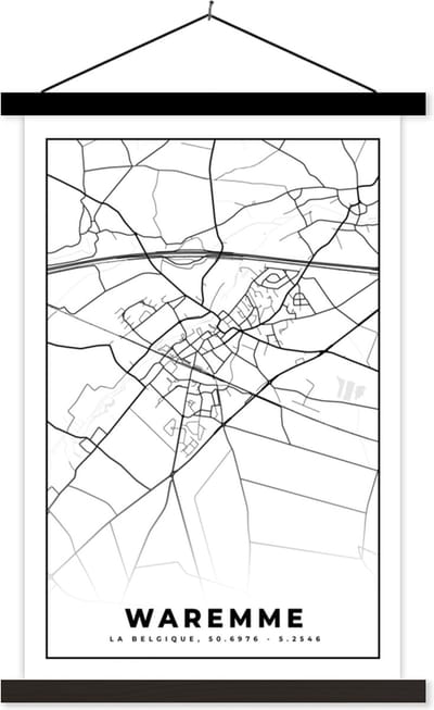 Posterhanger incl. Poster 40x60 cm - Schoolplaat - Zwart Wit – België – Plattegrond – Stadskaart – Kaart – Waremme - Textielposter - Zwarte latten - Stadskaart