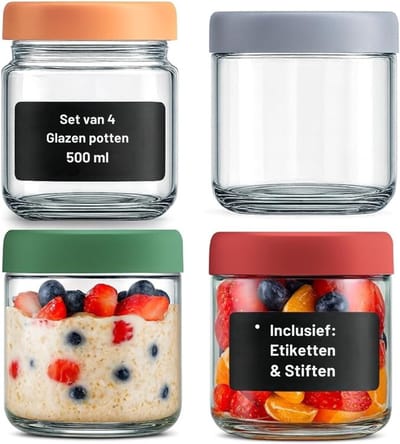 Verte Overnight Oats Potjes - Pot voor Overnight Oats - Mason-Potten met Deksel - Zwarte Etiketten en Pen - Herbruikbare - Luchtdichte Glazen Potten voor Salade - Dressing - Yoghurt - Saus en Ontbijtgranen - 4-Stuk - 500 mL