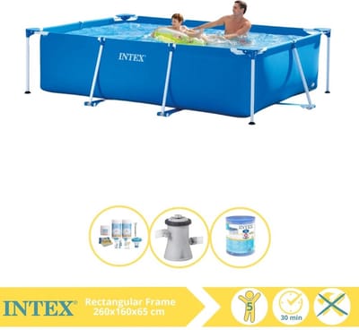 Intex Rechthoekig Frame Zwembad - 260 x 160 x 65 cm - Blauw - Inclusief Onderhoudspakket - Zwembadfilterpomp - Filter - 4-delig