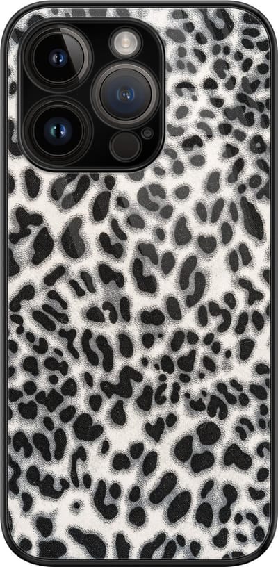 Hoesje geschikt voor iPhone 14 Pro - Luipaard grijs - Luxe Glazen Hardcase - Marmer - Grijs - Leuke Telefoonhoesjes