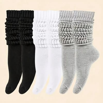 WiseGoods Premium 3 Paar Slouchy Sokken Dames - Sokken Gebreid Lang & Zacht - Scrunch Sok - One Size Wit / Zwart / Grijs - Kleding
