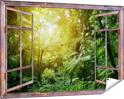 Gards Tuinposter Doorkijk Tropische Jungle met Zonneschijn - 150x100 cm - Tuindoek - Tuindecoratie - Wanddecoratie buiten - Tuinschilderij