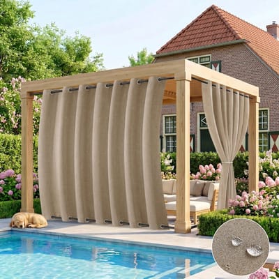 Qelus Buitengordijnen Waterdicht en Winddicht - 254x214 cm - Buitengordijn met Ringen Boven en Onder - Verduisterend Outdoorgordijn voor Overkapping - Zwaar Faux Linnen - Taupe - 1 Stuk