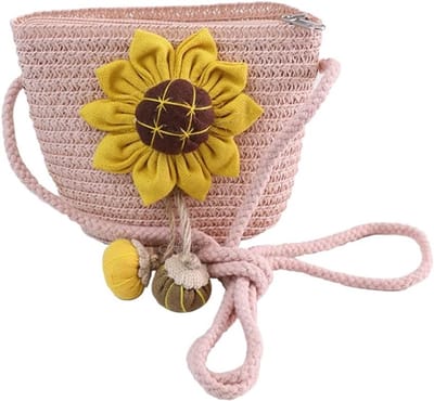 Bloemenstrawtas met Rits voor Meisjes - Zomer Crossbody Tas voor Vakantie en Buitenactiviteiten - Roze Design