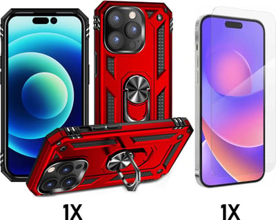 Casemania Hoesje Geschikt voor Apple iPhone 14 Pro - Rood / Glazen Screenprotector - Anti-Shock Hybrid Armor Back Cover - Hoes met Kickstand Ring