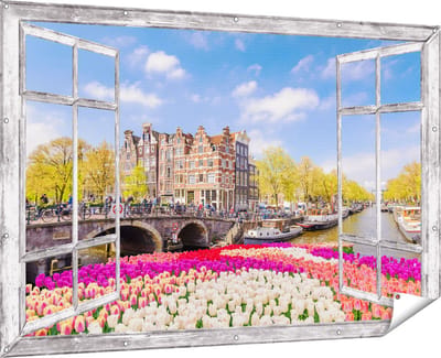 Gards Tuinposter Doorkijk Amsterdamse Huisjes aan de Grachten - 180x120 cm - Tuindoek - Tuindecoratie - Wanddecoratie buiten - Tuinschilderij