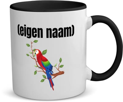 Akyol - papegaai op een tak met eigen naam koffiemok - theemok - zwart - Papegaai - papegaai liefhebbers - iemand die houdt van papegaaien - verjaardag - cadeau - kado - 350 ML inhoud
