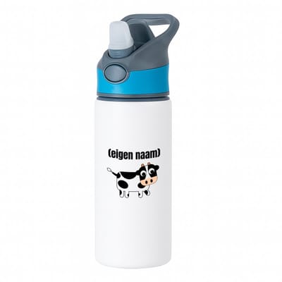Hacebo® - kleine koe met eigen naam waterfles met rietje blauw - Koe - boeren/koeien liefhebbers - iemand die houdt van koeien - verjaardag - cadeau - kado - geschenk - water fles - 650ML