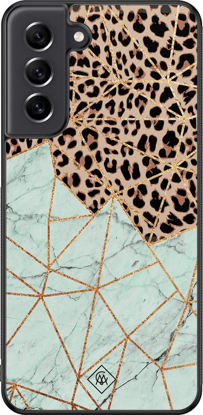 Casimoda® hoesje - Geschikt voor Samsung Galaxy S21 FE - Luipaard Marmer Mint - Zwart TPU Backcover - Luipaardprint - Multi