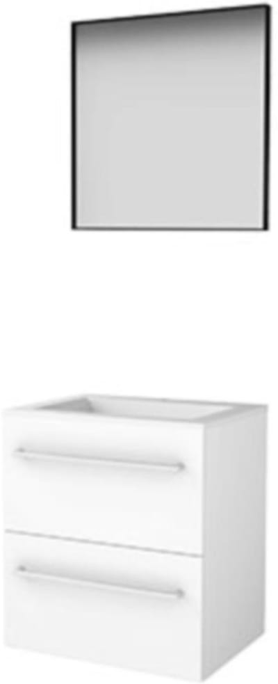 Basic-Line Framed 46 Badkamermeubelset - 60 x 46 cm - Met Grepen - 2 Lades - Acryl Wastafel - 1 Kraangat - Spiegel met Zwart Aluminium Frame - Ice White
