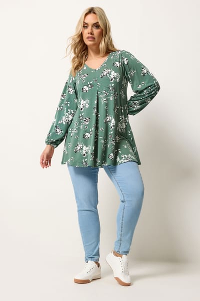 Yours Groene Top Met Bloemenprint En Plooien Aan De Voorkant Size 44
