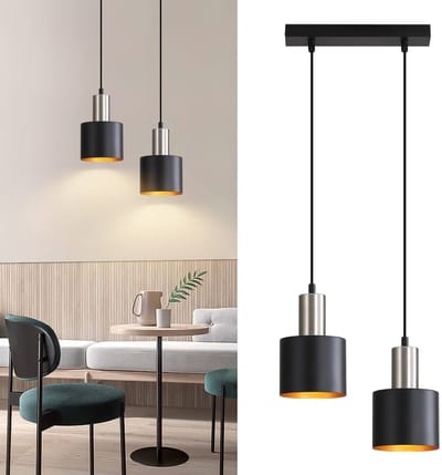 NETTLIFE Hanglamp Metaal - 2-Lichts - E27 Fitting - rechthoekig - Zwart goud - Retro Eettafel Pendellamp - Vintage - Hoogteverstelbaar Keukenlamp Hangend - voor Eetkamer | Woonkamer | Keuken - Zonder Lamp - Max.25W