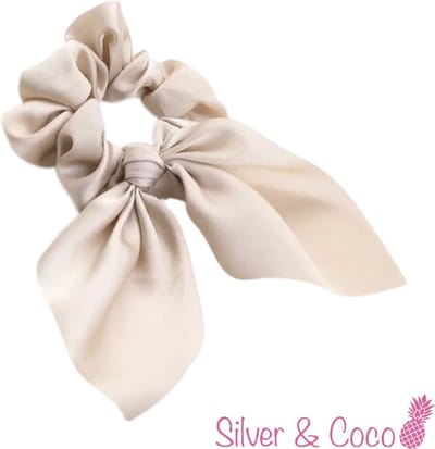 SilverAndCoco® - Scrunchie Wokkel met Strik Elastiek Haarband Festival Scrunchies / Brede Haarstrik Haarelastieken met Lint Dames / Elastische Nude Haarbanden - Beige