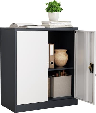 VCM Metall Büroschrank H. 90 x B. 80 x T. 40 cm / Aktenschrank Büromöbel für Ordner / Stahlschrank abschließbar / Flügeltürschrank Malivo 2 fach mit Drehtüren