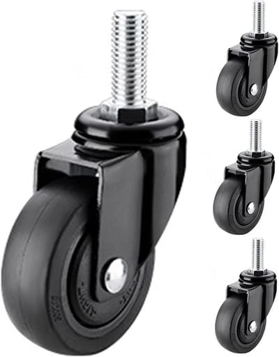 Set van 4 Zwenkwielen met Schroefdraad en Rem - Zwarte Rubberen Wielen voor Meubels (Ø32-50mm)