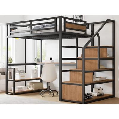 ModernLuxe Hoogslaper van metaal 140x200 cm - met opbergladder en bureau - Zwart