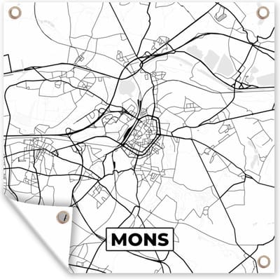 Tuin poster Stadskaart – Plattegrond – België – Zwart Wit – Mons – Kaart - 200x200 cm - Tuindoek