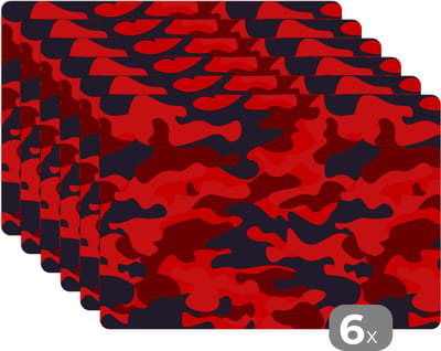 Placemat - Placemats kunststof - Camouflage - Rood - Patronen - 45x30 cm - 6 stuks - Hittebestendig - Anti-Slip - Onderlegger - Afneembaar