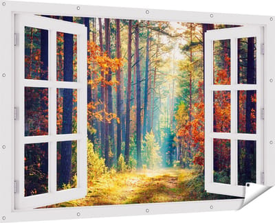 Gards Tuinposter Doorkijk Herfstbos met Zonneschijn - Kleur - 180x120 cm - Tuindoek - Tuindecoratie - Wanddecoratie buiten - Tuinschilderij
