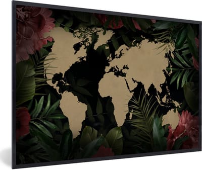 Poster in lijst - Fotolijst 120x80 cm - Posters - Wereldkaart - Bloemen - Tropische Planten - Posterlijst zwart - Decoratie - Wanddecoratie woonkamer - Muurdecoratie slaapkamer