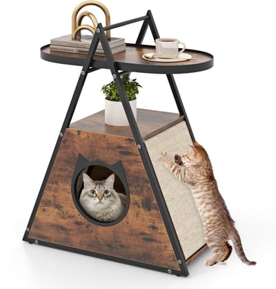COSTWAY Kattenkast, kattenhuis & bijzettafel & nachtkastje, kast met kattenmand & 2 krabmatten & 2 planken, A-frame, kattenmeubel voor katten honden huisdieren, 60 x 63 x 76 cm, vintage bruin