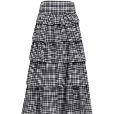 Zwarte geruite rok met taartmotief voor dames in de lente en herfst. Nieuwe, slanke A-lijn rok met hoge taille, middellange rok, volumineuze rok. XL gray