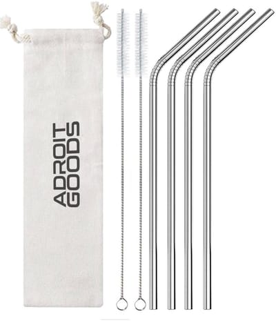 AdroitGoods RVS rietjes Gebogen - Set van 4 herbruikbare rietjes - 21 cm - Met opberghoes