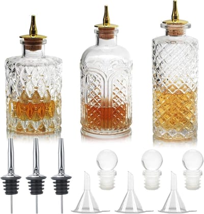 Set van 3 Vintage Glazen Bitters Flessen met Kurk en RVS Dosering, Perfect voor Cocktails en Thuisbar Accessoires