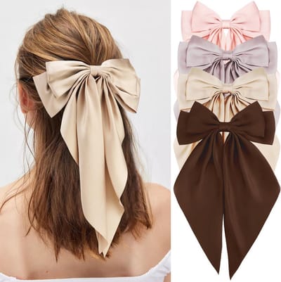 Grote Zijden Haarstrik Set van 4 - Elegante Satijnen Haaraccessoires voor Dames in Neutrale Kleuren