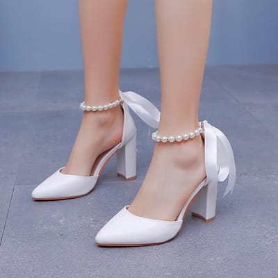 7cm Dikke Hak Puntige Sandalen Riemen voor Dames Sandalen Wit Kralen Bruiloft Bruid Hoge Hakken Grote Maat Schoenen 37 gray