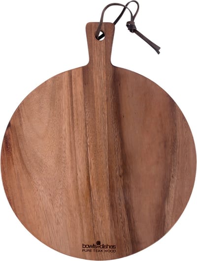 Bowls and Dishes Pure Teak Wood Borrelplank | Tapasplank | Serveerplank rond | Pizzaplank met handvat Ø 30 x 2cm | BBQ cadeautip!
