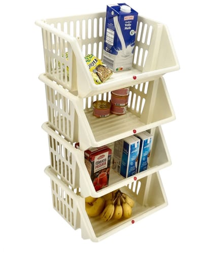 Groentemand 4 Stuks – Opbergmand voor Groente en Fruit – Stapelbare Fruitmand Keuken – Mandenrek Aardappelen Uien – Voorraadkast Organizer – Crème Kleur