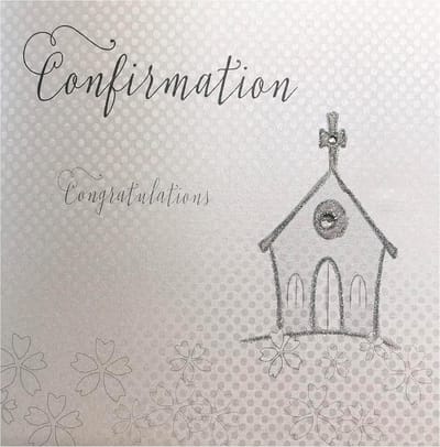 Handgemaakte felicitatiekaart katoen wit met zilveren kerk decoratie