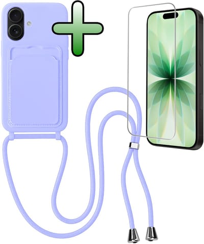 Hoes Geschikt voor iPhone 17 Hoesje Pas Houder Case Hoes Met Koord Met Screenprotector - Hoesje Geschikt voor iPhone 17 Hoes Met Telefoonkoord Pasjeshouder Cover - Lila