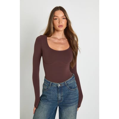 boohoo Dames Naadloos bodysuit met ronde hals en lange mouwen | Chocoladebruin | Maat: Small