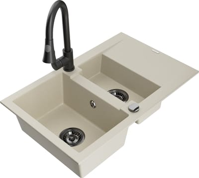 Mexen Gaspar graniet gootsteen 1,5-komor met afdruiprek en keukenmengkraan Elia, beige - 6507-69-670101-70