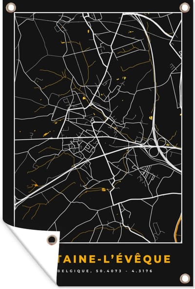 Muurdecoratie Fontaine-L'Évêque - Plattegrond - Goud - Kaart - Stadskaart - 120x180 cm - Tuinposter - Tuindoek