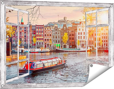 Gards Tuinposter Doorkijk Amsterdamse Huisjes vanaf de Grachten - 90x60 cm - Tuindoek - Tuindecoratie - Wanddecoratie buiten - Tuinschilderij
