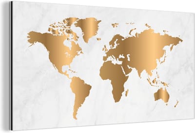 Aluminium schilderij 120x60 cm - Wanddecoratie metaal - Wereldkaart - Goud - Marmer - Metalen muurdecoratie woonkamer - Decoratie industrieel - Foto op dibond - Industriële accessoires slaapkamer
