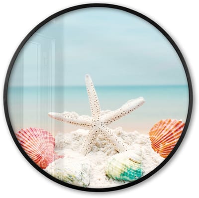 Poster in lijst Rond - Fotolijst 60x60 cm - Posters - Strand - Zeester - Schelpen - Zee - Ronde posterlijst zwart - Decoratie - Wanddecoratie woonkamer - Muurdecoratie slaapkamer