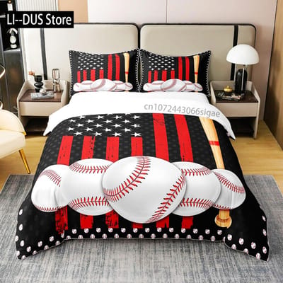 Amerikaanse Vlag Beddengoed Set Honkbal Sport Dekbed Set 3 Delen voor Kinderen Tieners Volwassenen Kamer Decor Dekbedovertrek met 2 Kussenslopen US Twin(172*218cm)3pcs