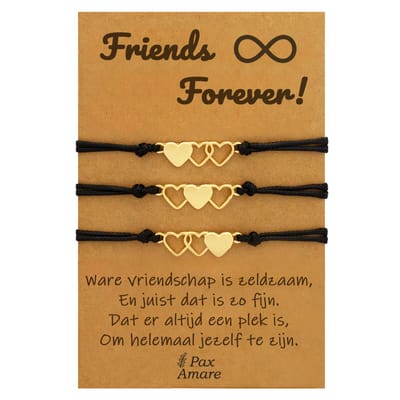 Vriendschapsarmbandjes voor 3 " Friends Forever ∞" - Hartjes - BFF Armbandjes met Persoonlijk Cadeau Kaartje - Goudkleurig - Elastisch Verstelbaar - Pax Amare