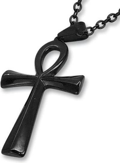 Amanto Ketting Dain Black L - 316L Staal - Kruis - Ankh - 64x38mm - 60cm