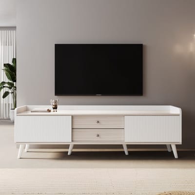 Sweiko TV kast - 2 Laden - 2 Schuifdeuren - Streepontwerp - Wit + Natuurlijke houtnerf